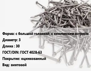 Гвоздь с большой головкой, с коническим остриём 3х30 ГОСТ: ГОСТ 4028-63 оцинкованный винтовой